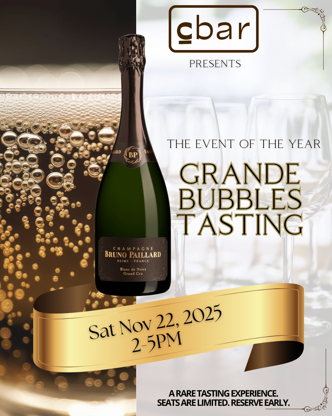 Taste world-class champagne & sparkling wines, paired with coastal-inspired bites. Join Us for Cbar’s Grande Bubbles Tasting Event Celebrate the season in sparkling style with an exclusive walk-through tasting of world-class champagne, sparkling wines, and chef-inspired pairing just in time for the holidays. Guests will explore five tasting stations featuring 15 exceptional champagnes and sparkling wines, from iconic houses like Krug, Billecart-Salmon, and Bruno Paillard to celebrated cavas, proseccos, sparkling rosés, and boutique selections from around the world. Each pour is thoughtfully paired with chef-curated bites, including: A fresh oyster bar, an elegant and timeless match for Champagne Blini with caviar, the ultimate sparkling pairing Seasonal appetizers like butternut squash soup, perfect for discovering wines for Thanksgiving and holiday celebrations Whether you’re a longtime enthusiast or simply love a good glass of bubbles, this is a rare opportunity to taste, learn, and discover new favorites. All featured bottles will be available for purchase during the event, ideal for gifting, entertaining, or stocking your holiday cellar. Sip, mingle with the local wine community, indulge in gourmet pairings, and raise a glass to the most festive time of year. We can’t wait to celebrate with you! Get ready to embark on a sparkling adventure to taste, learn, and enjoy the magic of bubbles in every glass.