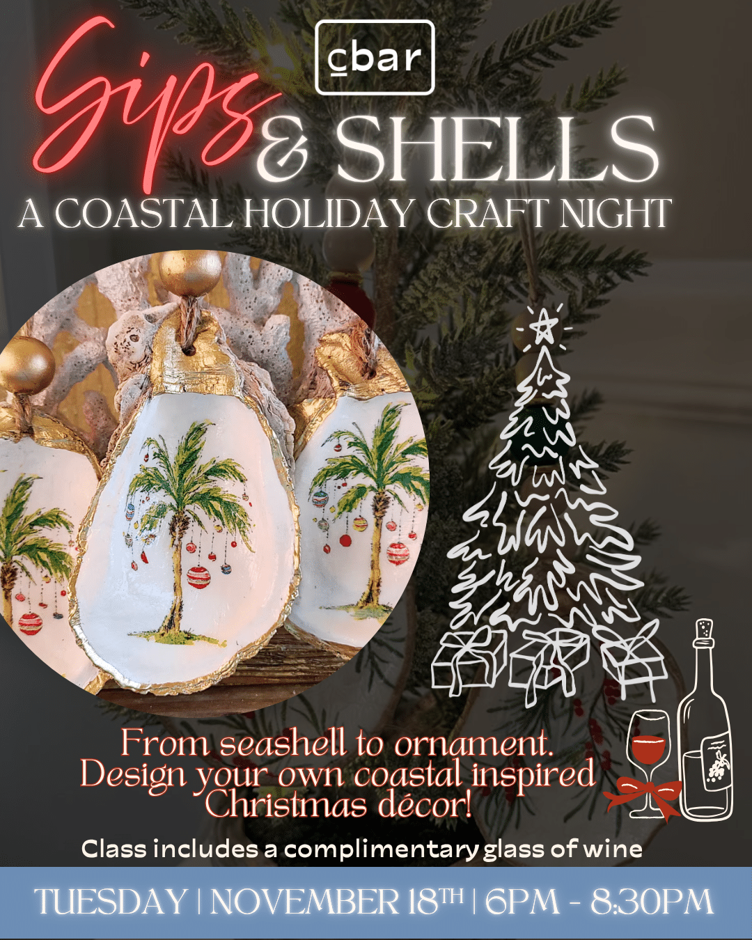 From seashell to ornament. Design your own coastal-inspired Holiday decor. Perfect for all ages - friends, family, or solo! Craft. Sip. Repeat. Holiday Edition Join us for Sips & Shells, a relaxing seaside-inspired craft night where you’ll turn ocean-kissed shells into gorgeous Holiday ornaments! Whether you're a DIY enthusiast or just looking for a unique night out, this workshop is the perfect blend of creativity and community. Bring your family, friends, or come solo and meet fellow craft lovers in a fun, welcoming setting. ✨ What’s Included: ✅ All materials to create your own beautiful seashell ornaments ✅ Step-by-step guided instruction ✅ Your first glass of wine to sip while you craft ✅ A memorable experience and your own ocean-inspired art to take home! Let the soothing vibes of the coast and a glass of wine spark your creativity. 🎟️ Tickets: $55 Price includes all supplies and a complimentary glass of wine. 📅 Dates & Times: Tuesday, November 18th | 6:00 PM – 8:30 PM 📍 Location: Chocolate Bar 2917 State St., Carlsbad CA Spaces are limited—reserve your spot now! 📌 Notes: Come hungry—our full menu features organic, gluten-free options, and seed-oil-free food! No prior experience needed. Just come ready to sip, create, and have fun! Parking can be a little tricky in downtown Carlsbad can get a little crowded, come a little early.