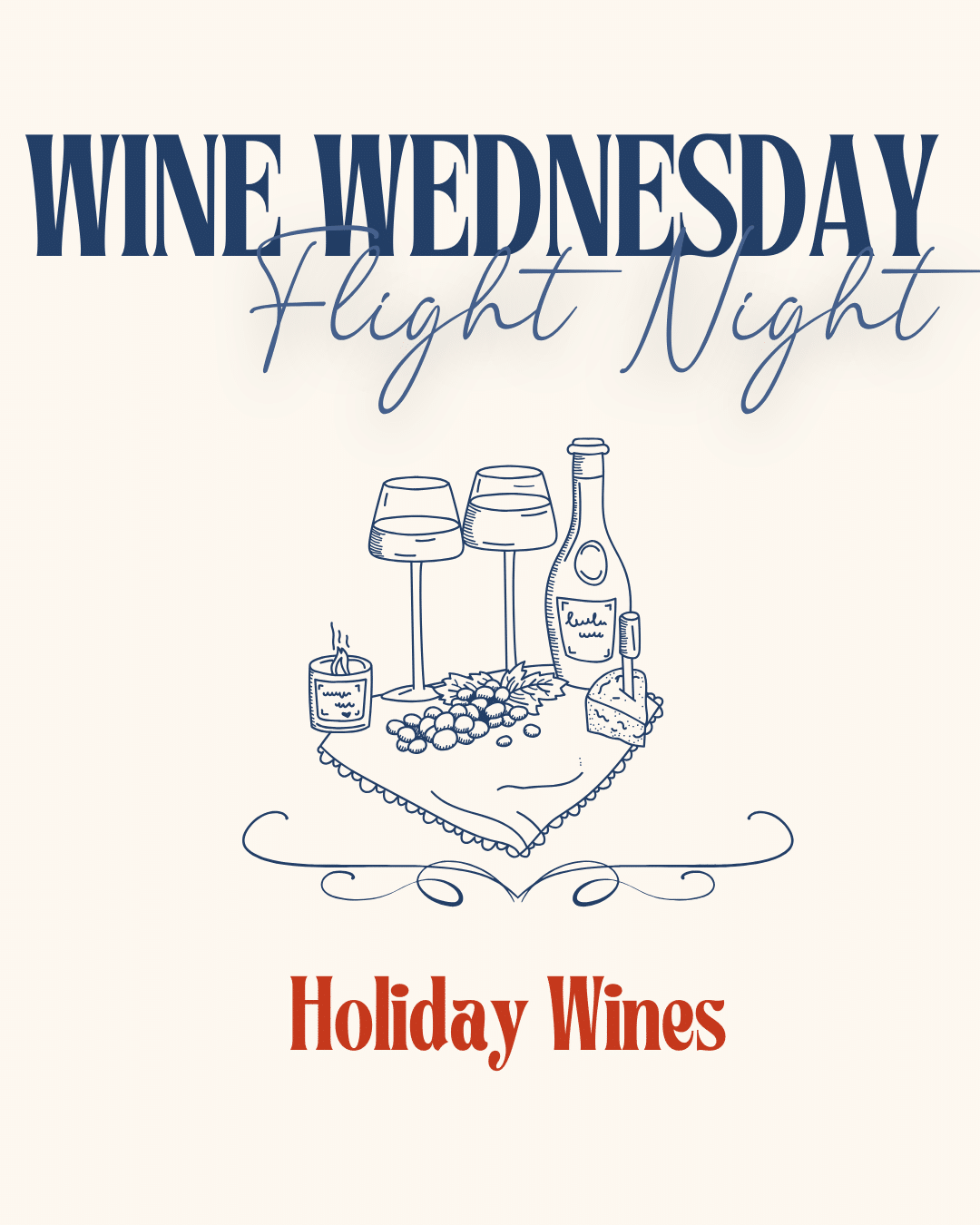 🍷 Wine Wednesday Flight Night ~ $40 Our Must-Have Holiday Wines ✨ Celebrate the season in style with a festive flight of exceptional wines — from sparkling to rich and refined, and a decadent dessert finish. These are the wines we’ll be sipping, gifting, and sharing all season long. 𝘛𝘩𝘦 𝘍𝘭𝘪𝘨𝘩𝘵: 🌸 Cattin Crémant d’Alsace Rosé – Elegant and effervescent with notes of wild strawberry, rose petal, and soft bubbles — a holiday toast in every sip. 🍐 Domaine De La Creuze Noire Saint-Véran 2023 – Classic Burgundy charm with layers of pear, honey, and a touch of minerality. 🍒 Domaine Henri Magnien Gevrey-Chambertin 2023 – Lush and complex Pinot Noir with notes of cherry, spice, and forest floor. 🍫 Hoot Owl Creek Cabernet Sauvignon 2016 – Rich and velvety, full of dark fruit, cocoa, and a smooth, lingering finish. 🍯 Caruso & Minini Marsala Superiore Riserva (Dessert Wine) – A warm, golden finale with caramel, fig, and toasted almond. Sip through the season’s most beautiful bottles — perfect for cozy evenings, festive dinners, or sparkling celebrations. C you at the Bar for some holiday cheer! 🎄🥂