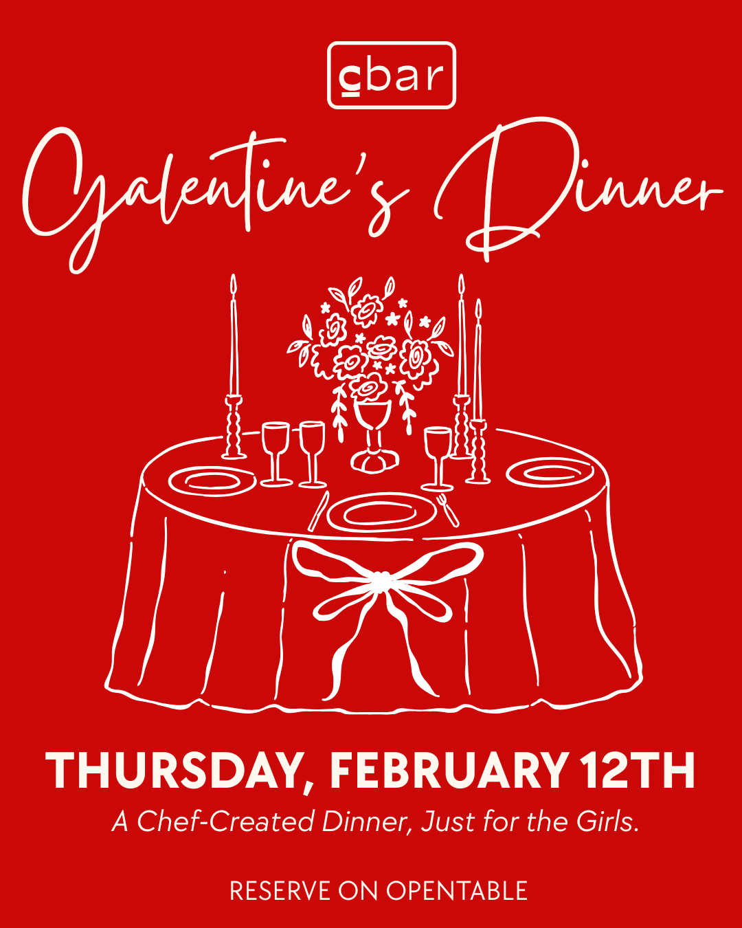 Galentine’s at Cbar 💋✨⁠ ⁠ Celebrate your besties with a chef-created dinner just for the girls. Think elevated plates, cozy candlelight, and plenty of reasons to toast.⁠ ⁠ Thursday, February 12 | 5:30–9pm⁠ Walk-ins welcome | Reservations recommended via OpenTable