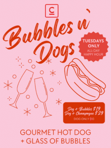 Looking for the best happy hour in Carlsbad Village?
Join us at Cbar for All-Day Happy Hour every Tuesday (8 AM–Close) and Daily Happy Hour Wednesday–Monday from 3–5 PM, featuring curated wines, craft cocktails, and chef-driven bites.
Tuesday favorites include our popular Bubbles & Dogs special — a gourmet hot dog paired with a glass of bubbles for $19 or a glass of Champagne for $29. Prefer to keep it simple? Gourmet hot dogs are available on their own for $10.
Whether you're stopping by after work, meeting friends for drinks, or enjoying a laid-back afternoon in Carlsbad Village, Cbar offers one of North County's most inviting happy hour experiences just steps from the beach.