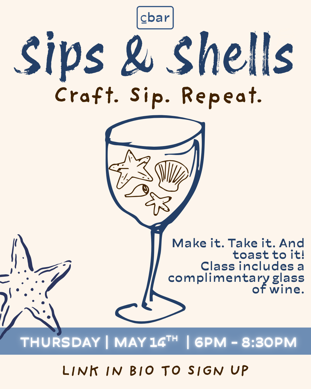 Sips & Shells Craft Night in Carlsbad, CA | Seashell Succulent Workshop + Wine Join us at CBar in Carlsbad Village for Sips & Shells, a relaxing, coastal-inspired craft workshop where you’ll create your own seashell succulent planter while enjoying a glass of wine. This hands-on DIY class is perfect for beginners, date nights, girls’ nights, or anyone looking for a unique creative experience in North County San Diego. During this guided workshop, you’ll transform ocean-inspired shells into a beautiful succulent keepsake—no prior experience needed. Our instructor will walk you through each step, making it easy and fun to create something you’ll be proud to take home. What’s Included: All materials for your seashell succulent planter Step-by-step guided instruction One complimentary glass of wine A finished, take-home coastal-inspired arrangement Event Details: Date: Thursday, May 14th Time: 6:00 PM – 8:30 PM Location: CBar, 2917 State St., Carlsbad, CA Price: $65 per person Enjoy CBar’s full menu featuring fresh, local, organic, gluten-free, and seed oil–free options available for purchase during the event. This Carlsbad craft night is ideal for locals and visitors searching for things to do in Carlsbad, DIY workshops near San Diego, or creative wine events by the coast. Whether you’re planning a fun night out with friends or looking to meet new people, Sips & Shells offers a welcoming and inspiring atmosphere. Reserve your spot today—space is limited! Pro tip: Parking in downtown Carlsbad can be limited—arrive early to find a spot.