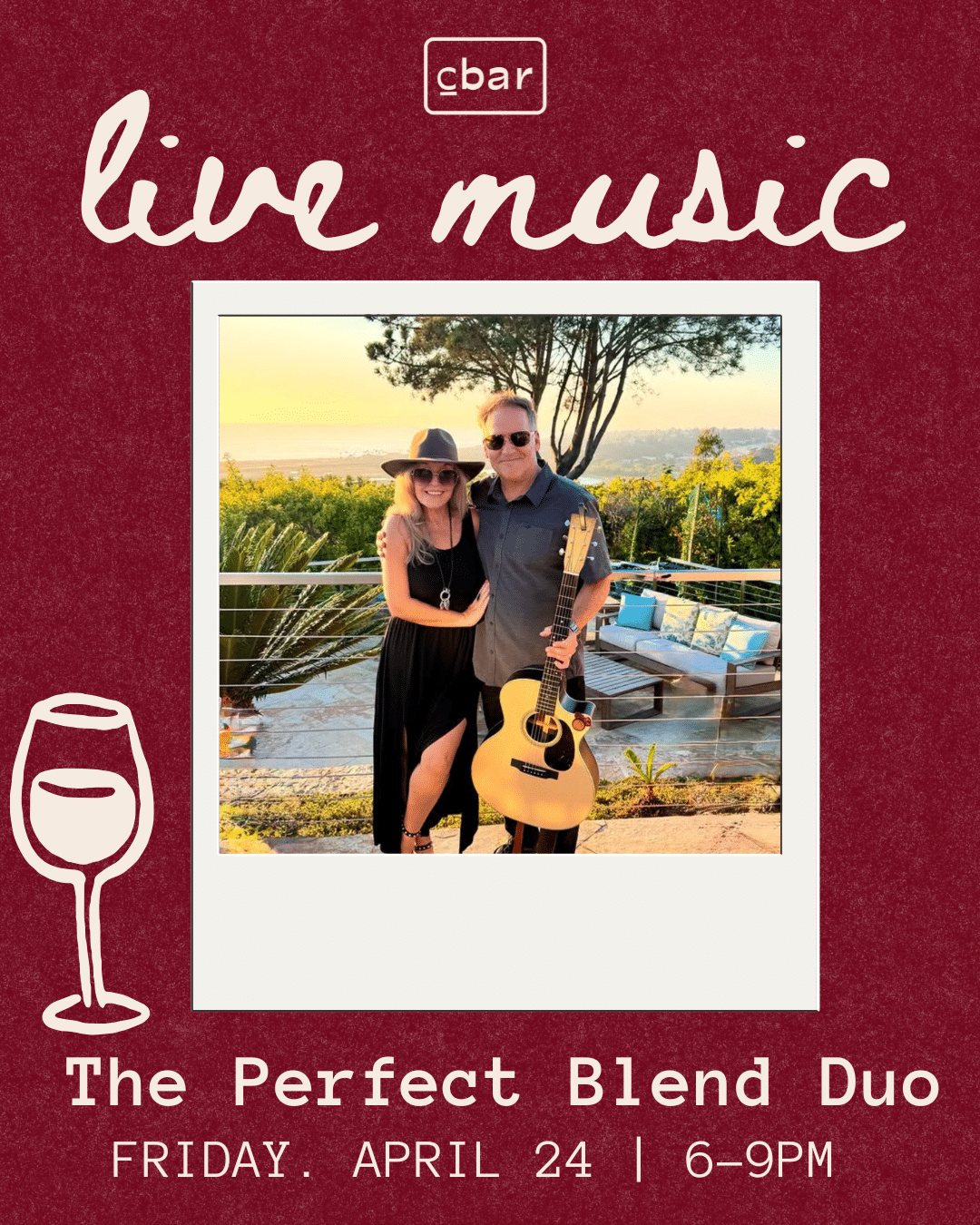 Live Music at Cbar: Perfect Blend Duo | Carlsbad Village Join us for an unforgettable evening of live music in Carlsbad with Perfect Blend — one of Southern California’s most sought-after acoustic duos. Featuring Loulou and François, Perfect Blend brings a fresh, soulful take on classic hits from the ’70s to today. With rich harmonies, masterful guitar, and an effortlessly engaging stage presence, they create the kind of atmosphere that keeps you lingering for “just one more song.” Loulou’s captivating voice — both powerful and graceful — paired with François’ dynamic guitar and rhythmic style, transforms each performance into a full, immersive experience. From Stevie Nicks to Adele and beyond, their sound feels both nostalgic and entirely their own. Expect a room filled with energy, connection, and those moments where everyone is singing along. Perfect for date night, girls’ night, or a lively evening out in Carlsbad Village. Seating fills quickly for live music nights — reservations are strongly recommended. Walk-ins welcome when available. Reserve your table via OpenTable.