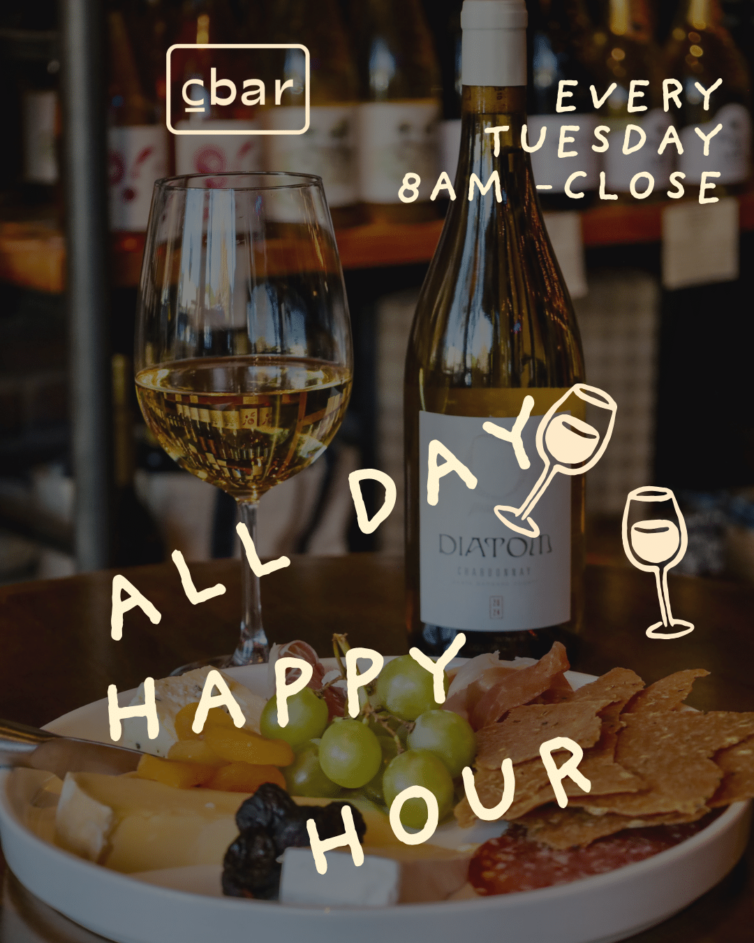 Looking for the best happy hour in Carlsbad Village? Join us at Cbar for All Day Happy Hour every Tuesday (8am–close) and Daily Happy Hour Wednesday–Monday from 3–5pm—featuring curated wines, craft cocktails, and chef-driven bites.