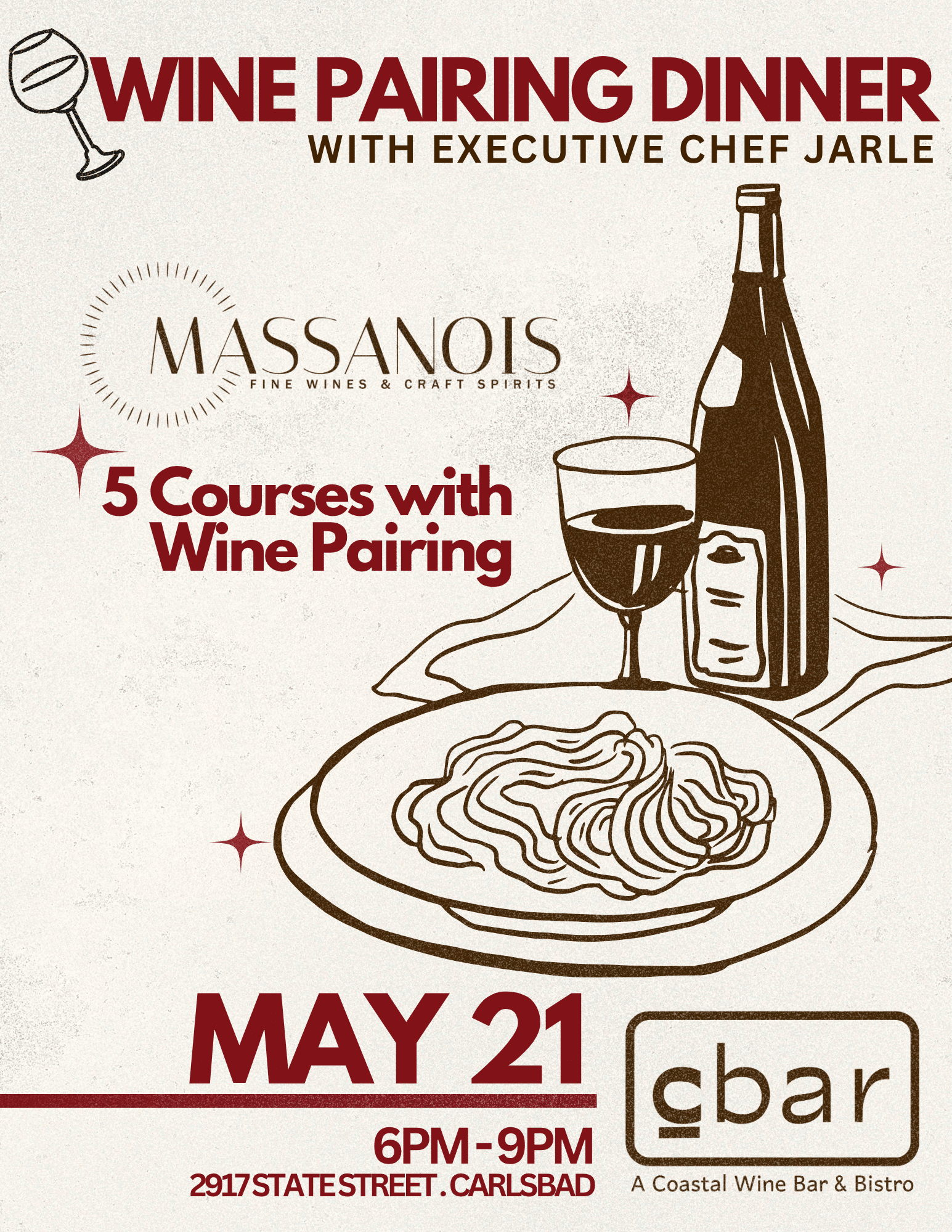 A Night In Sicily - Wine Pairing Dinner with Chef Jarle Saupstad Save the date for an intimate evening of food and wine at Cbar. You won’t want to miss Cbar’s next unforgettable Wine Pairing Dinner with Chef Jarle Saupstad. After the incredible response to our first dinner—nearly sold out—we highly recommend securing your seat early for this upcoming experience. This 5-course, 5-wine pairing dinner will transport you to the sun-soaked islands of Sicily, featuring a curated selection of wines presented by Bryan Taylor of Massanois Wines. Each course is thoughtfully crafted by Chef Jarle to complement and elevate the unique character of these Sicilian wines, creating a seamless journey of flavor, place, and story. Whether you joined us last time or are experiencing your first pairing dinner at Cbar, this is an evening designed to indulge, educate, and inspire. Seats are limited—reserve yours soon and join us for a truly memorable night. ✨ May 21 | 6–9PM 📍 Cbar, Carlsbad Village Stay tuned. You won’t want to miss this one.