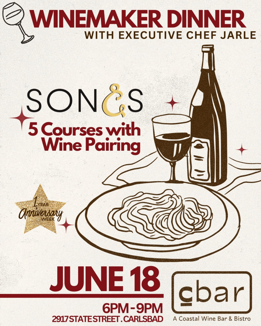 Join Cbar for an intimate Winemaker Dinner featuring acclaimed winemaker Edgar Torres of Songs by Bodega de Edgar alongside a thoughtfully curated 5-course dinner by Executive Chef Jarle Saupstad, paired with 5 exceptional wines. Inspired by the connection between music, memory, and winemaking, Edgar’s boutique wines pay tribute to the songs that shaped his journey with each bottle crafted from limited-production French varietals designed to stir emotion and tell a story. This one-night-only dining experience in the heart of Carlsbad Village pairs soulful wines with Chef Jarle’s elevated, chef-driven cuisine, creating an immersive evening of flavor, storytelling, and connection. Tickets below. Tickets — $130 per guest | $117 wine club members