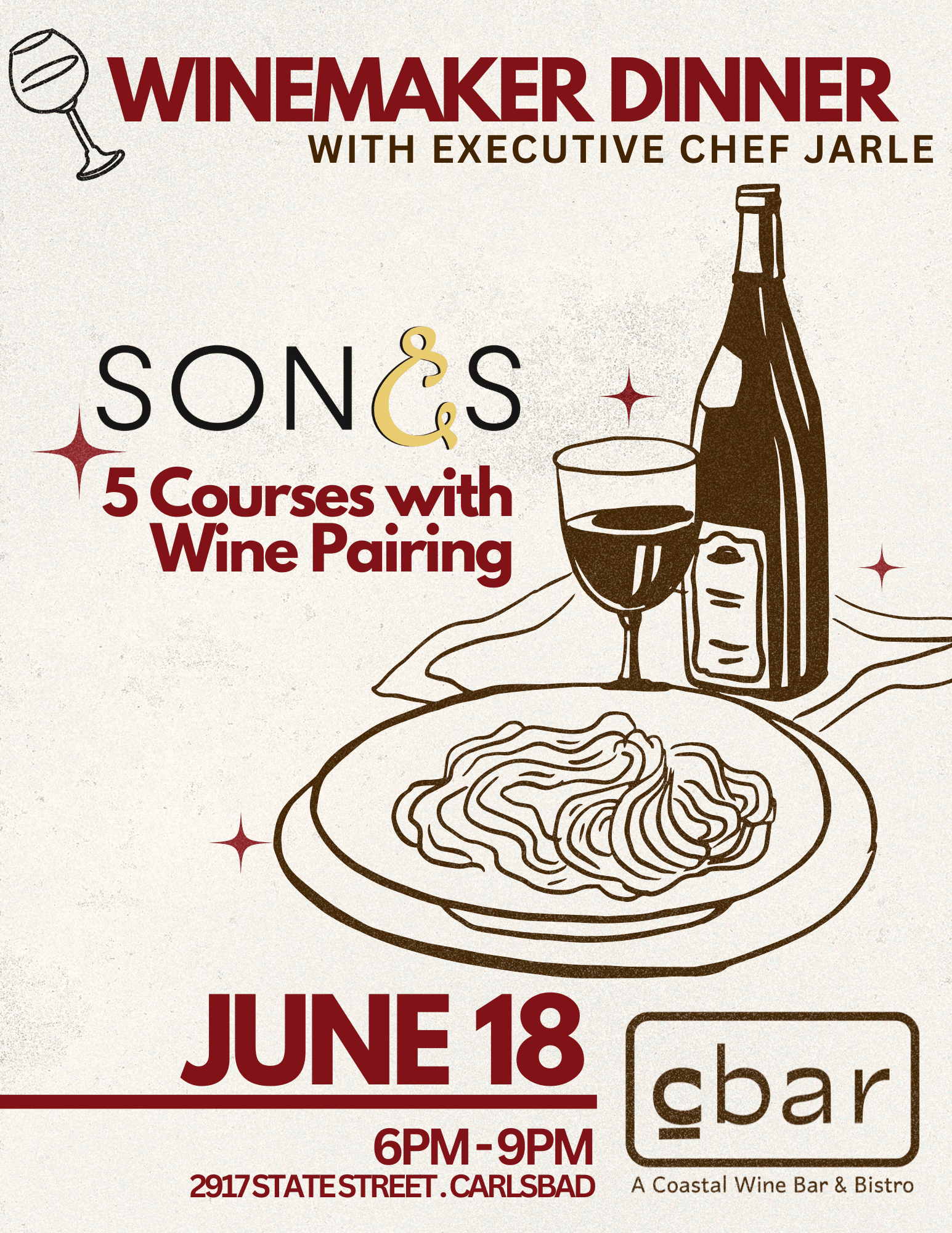 Join Cbar for an intimate Winemaker Dinner featuring acclaimed winemaker Edgar Torres of Songs by Bodega de Edgar alongside a thoughtfully curated 5-course dinner by Executive Chef Jarle Saupstad, paired with 5 exceptional wines. Inspired by the connection between music, memory, and winemaking, Edgar’s boutique wines pay tribute to the songs that shaped his journey — each bottle crafted from limited-production French varietals designed to stir emotion and tell a story. This one-night-only dining experience in the heart of Carlsbad Village pairs soulful wines with Chef Jarle’s elevated, chef-driven cuisine, creating an immersive evening of flavor, storytelling, and connection. Guests will enjoy five expertly paired wines and five thoughtfully composed courses, along with insights from the winemaker himself and a deeper look into the artistry behind each vintage. Experience one of North County San Diego’s most unique wine pairing dinners at Cbar — Carlsbad Village’s destination for boutique wines, curated culinary experiences, and unforgettable hospitality. General Admission — $130 per guest Club C Member Pricing — $117 per guest Add-On: Bottle of Bubbles General Admission — $45 Club C Member Pricing — $40