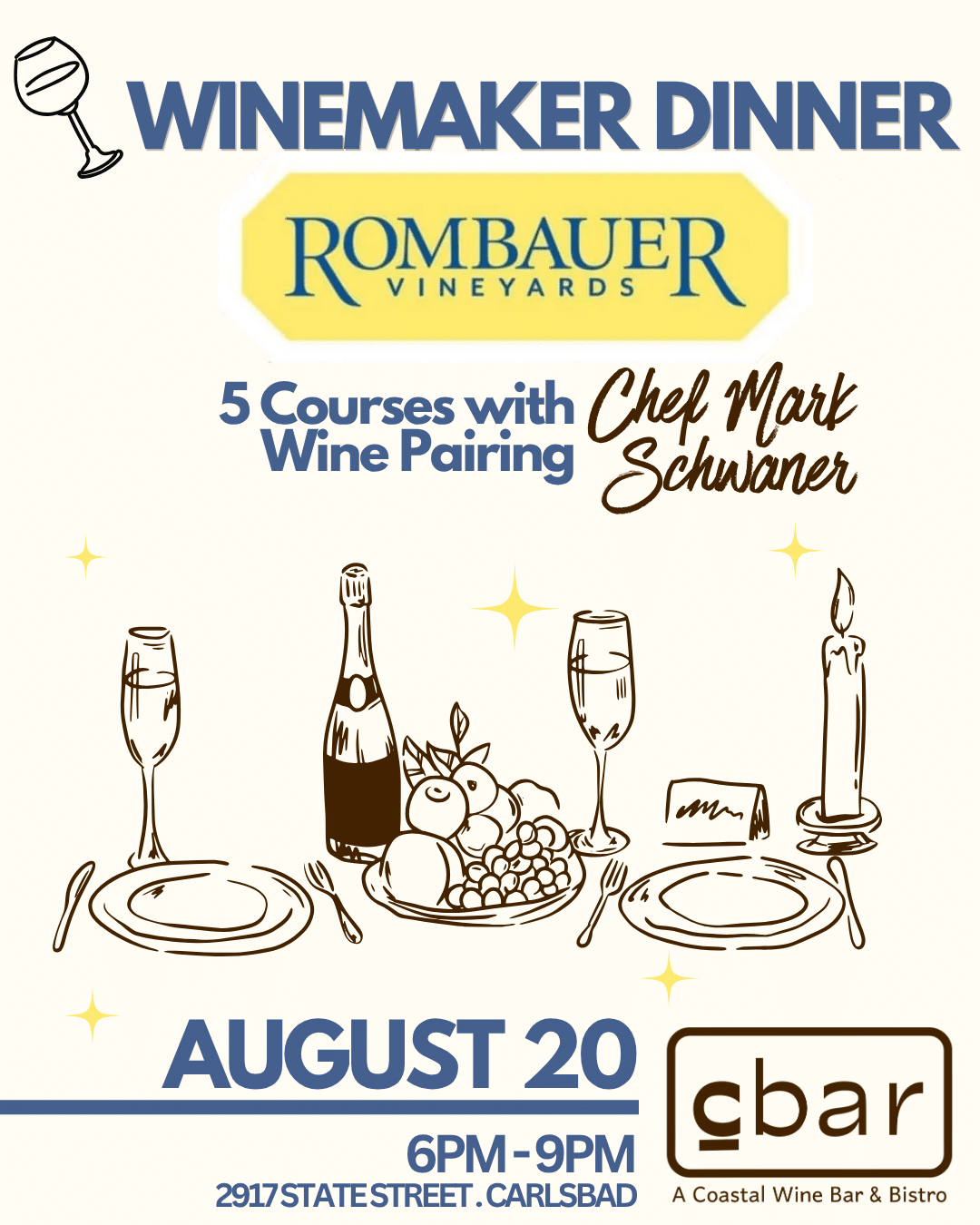 A Journey Through Napa, One Glass at a Time Join us for an intimate evening featuring the wines of Rombauer Vineyards, a Napa Valley icon known for crafting wines paired with an extraordinary menu by Chef Mark Schwaner. From their celebrated Carneros Chardonnay to their acclaimed Cabernet Sauvignon, Rombauer wines have become staples on tables across the country. Enjoy a thoughtfully paired five-course dinner while exploring the stories, vineyards, and winemaking philosophy that have made Rombauer a household name among wine lovers for more than 40 years. An evening of remarkable wines, memorable flavors, and great company awaits. Tickets — $130 per guest | $117 Club C Members