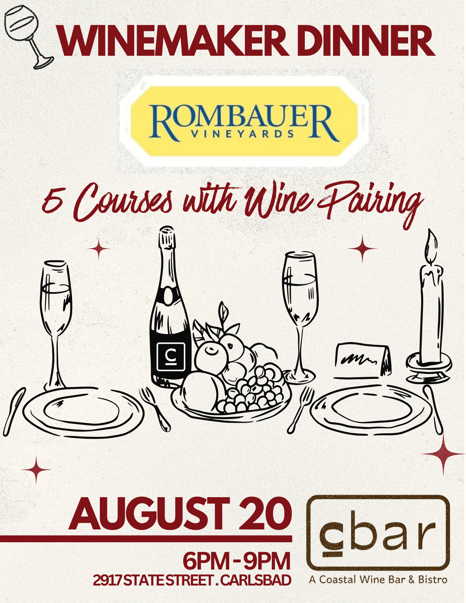 A Journey Through Napa, One Glass at a Time Join us for an intimate evening featuring the wines of Rombauer Vineyards, a Napa Valley icon known for crafting wines that celebrate connection, hospitality, and the joy of sharing a meal. From their celebrated Carneros Chardonnay to their acclaimed Cabernet Sauvignon, Rombauer wines have become staples on tables across the country. Enjoy a thoughtfully paired five-course dinner while exploring the stories, vineyards, and winemaking philosophy that have made Rombauer a household name among wine lovers for more than 40 years. An evening of remarkable wines, memorable flavors, and great company awaits. Tickets — $156 per guest | $140 Club C Members Gratuity included