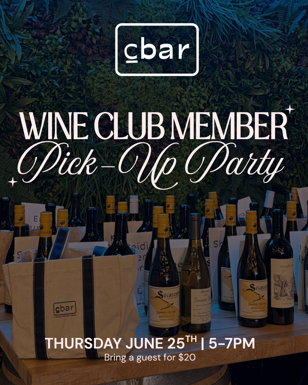 Your June wine club selection is here. Join us on Thursday, June 25 from 5–7 PM for Cbar's Wine Club Member Pick-Up Party in the heart of Carlsbad Village. Pick up your monthly wine selections, connect with fellow members, and enjoy an evening celebrating great wine and community. Members are welcome to bring a guest for $20, making it the perfect opportunity to share the Club C experience with a friend. Whether you're picking up your wines, discovering new favorites, or simply enjoying a night out at your favorite Carlsbad wine bar, we look forward to raising a glass with you. Not a member yet? Join Club C today and enjoy curated wine selections, exclusive member pricing, special events, and more. Cbar | 2917 State Street, Carlsbad, CA Thursday, June 25 5–7 PM C you at the bar.