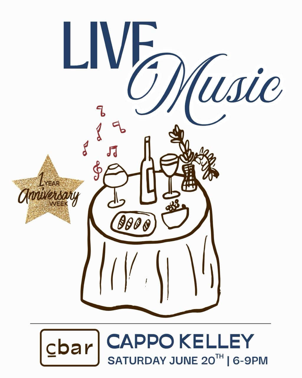 Live Music with Cappo Kelley Celebrate CBar's 1-Year Anniversary Week with an evening of reggae rhythms, coastal vibes, and great wine. Join us as Cappo Kelley brings his signature island-inspired sound to Carlsbad Village for a laid-back night of live music, boutique wines, and good company. Settle in with a glass of your favorite pour, share a few bites with friends, and soak up the kind of atmosphere that makes summer nights unforgettable. Saturday, June 20th 6PM–9PM CBar | Carlsbad Village Live Reggae Music Curated Wines Coastal Vibes Anniversary Week Celebrations One year of wine, music, community, and memories—and we're raising a glass to many more. Walk-ins welcome. Reservations recommended.