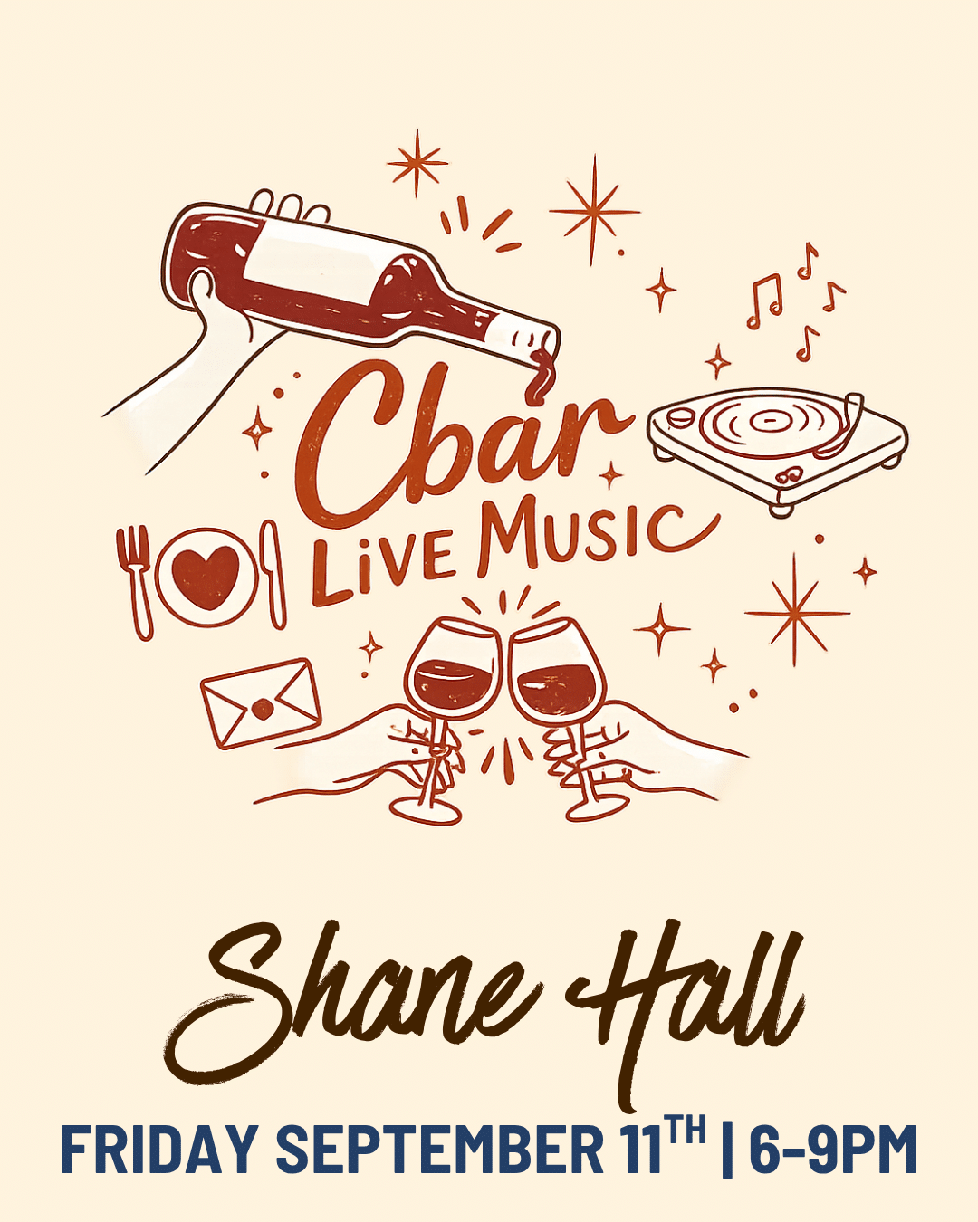 Live Music at Cbar this Friday Join us Friday, September 11th from 6–9PM for an evening with Shane Hall — where outlaw Americana meets vintage rock in the heart of Carlsbad Village. Settle in with a glass of wine, coastal bites, and our featured All White Wine Flight while enjoying live music and laid-back Friday night vibes. Walk-ins welcome, reservations recommended via Open Table Here